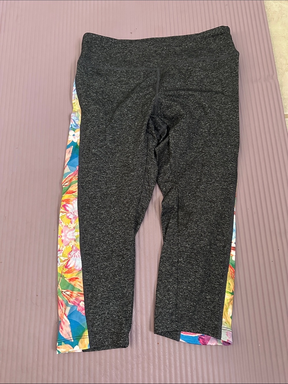 Lula Roe Floral-Trim Dark Gray Active Capri Leggings